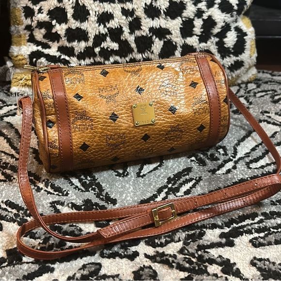MCM Handbags - Authentic MCM Monogram Cognac Klassik Visetos Crossbody Barrel Bag